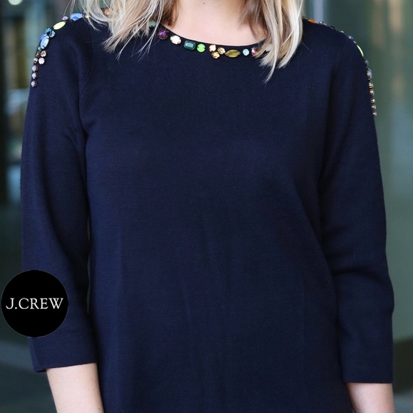 J CREW BEADED 3/4 SLEEVE NAVY MERINO WOOL BLEND SWEATER NWT- SIZE XXS $179. - Picture 3 of 14